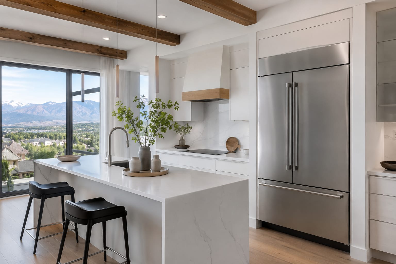 A premium Lone Tree kitchen with professional-grade Sub-Zero and Wolf appliances and a Colorado mountain view