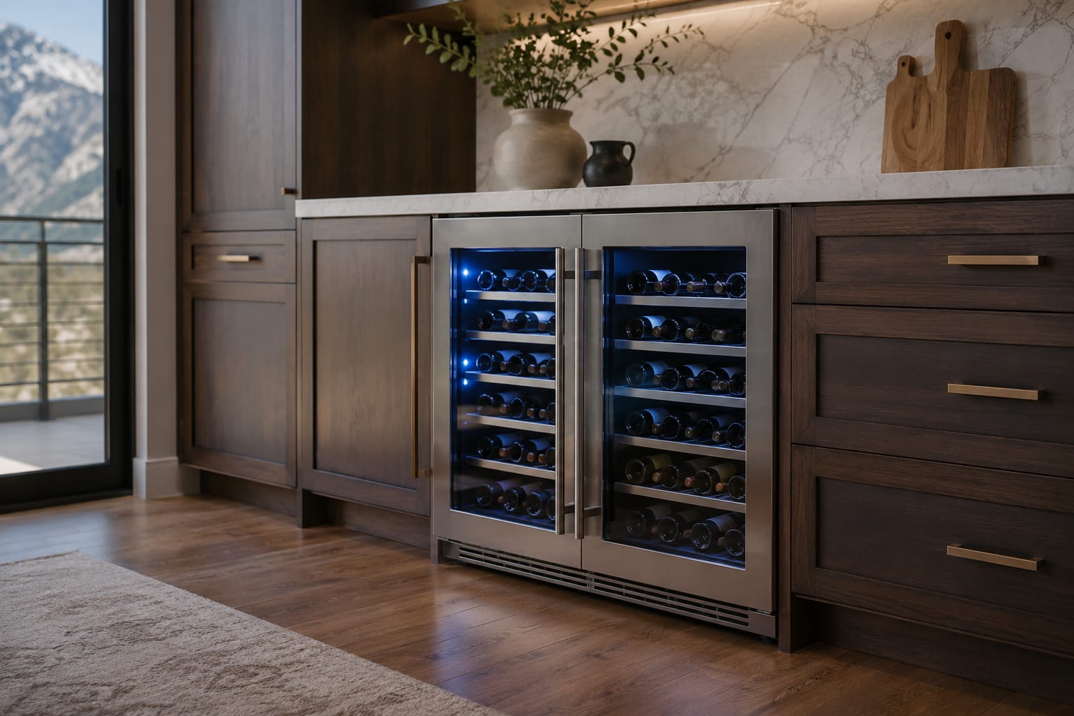 Built-in wine cooler with glass door in a Highlands Ranch, CO kitchen requiring humidity-aware maintenance